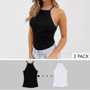 ASOS Design fitted rib tanks with high square neck. Black & White. US4